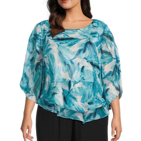 Alex Evenings Size 3X Blouse 3/4 Sleeve Layers Asymmetrical Aqua Floral NEW - Picture 8 of 10